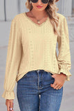 WOMEN LACE TRIM NECK EYELET LONG SLEEVE SHIRT TOP