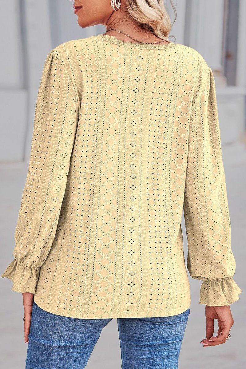 WOMEN LACE TRIM NECK EYELET LONG SLEEVE SHIRT TOP