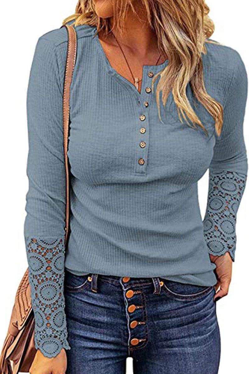 WOMEN LACE CROCHET SLEEVED HALF BUTTON UP TOP