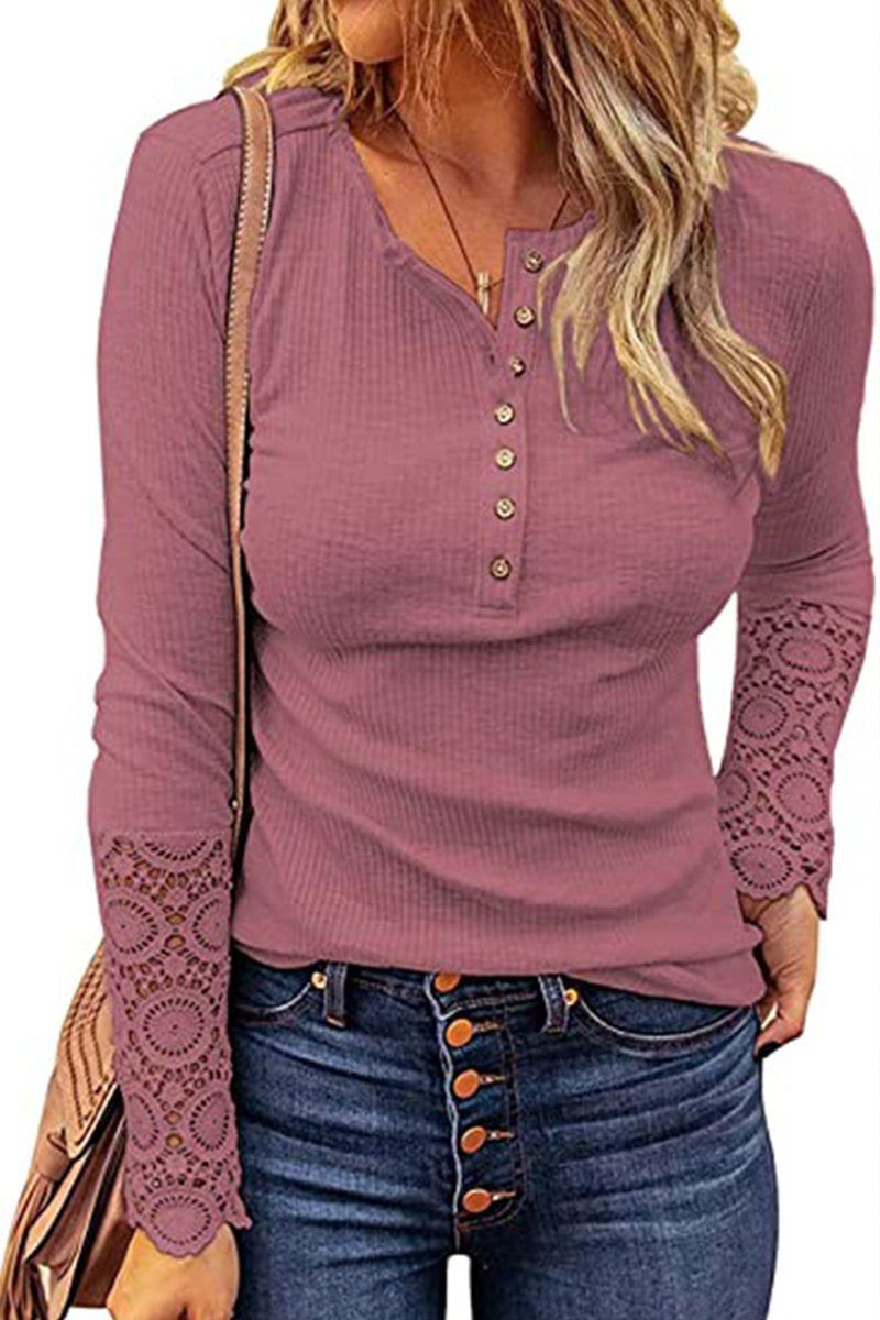 WOMEN LACE CROCHET SLEEVED HALF BUTTON UP TOP