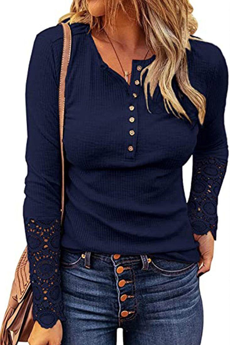 WOMEN LACE CROCHET SLEEVED HALF BUTTON UP TOP