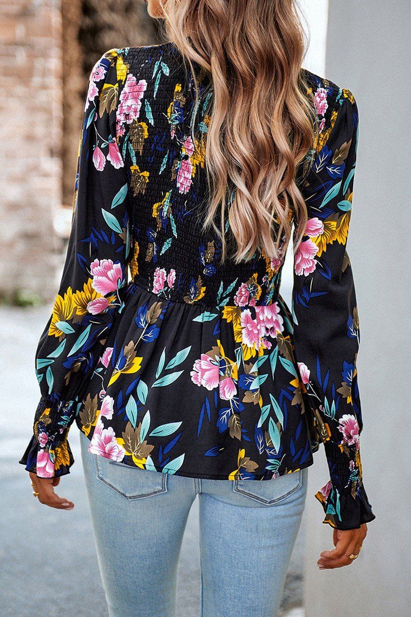 WOMEN SMOCKED FLORAL PRINTING TUNIC BLOUSE