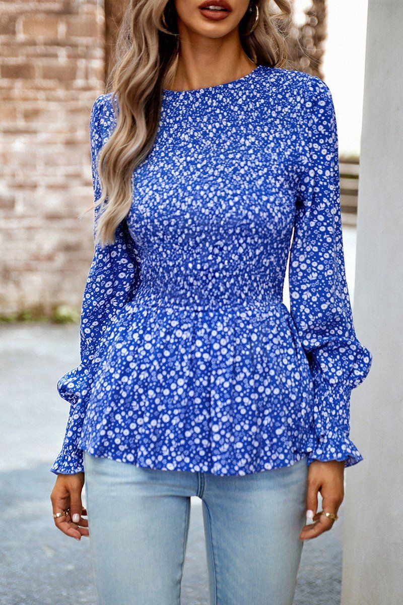 WOMEN SMOCKED FLORAL PRINTING TUNIC BLOUSE