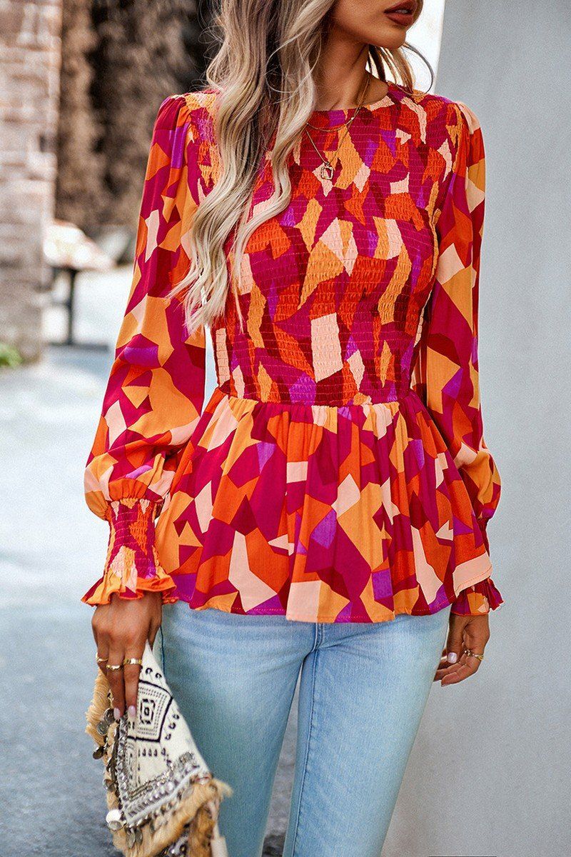 WOMEN SMOCKED FLORAL PRINTING TUNIC BLOUSE