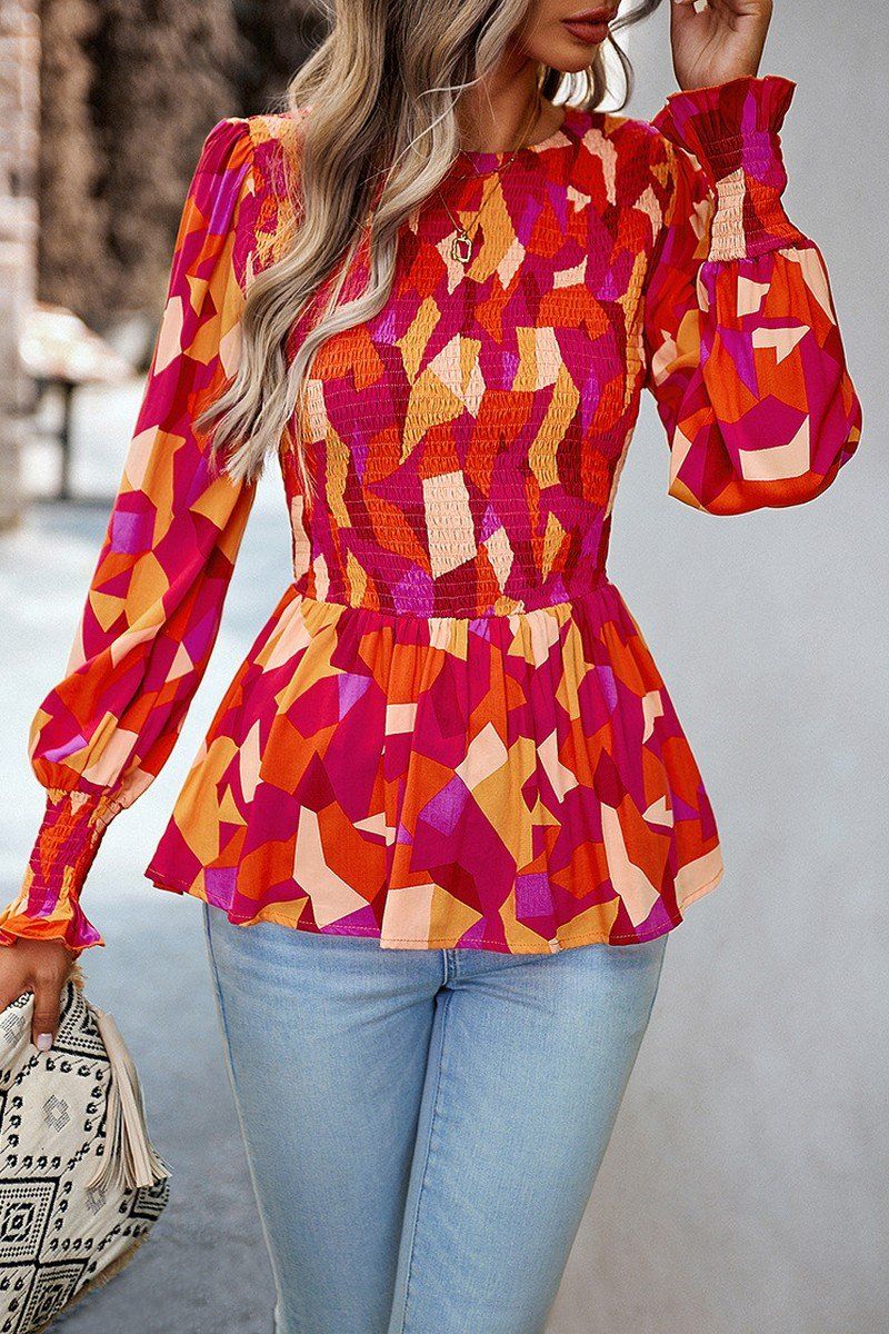 WOMEN SMOCKED FLORAL PRINTING TUNIC BLOUSE