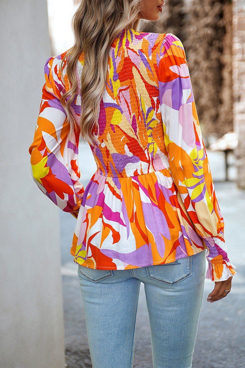 WOMEN SMOCKED FLORAL PRINTING TUNIC BLOUSE