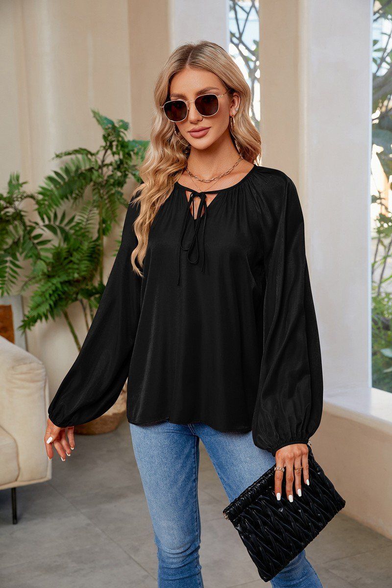 WOMEN OVERSIZED BOYFRIEND TIED NECK COZY BLOUSE