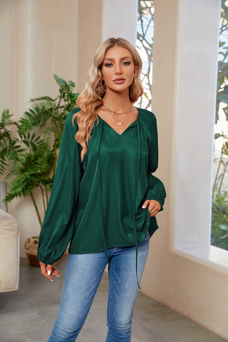 WOMEN OVERSIZED BOYFRIEND TIED NECK COZY BLOUSE