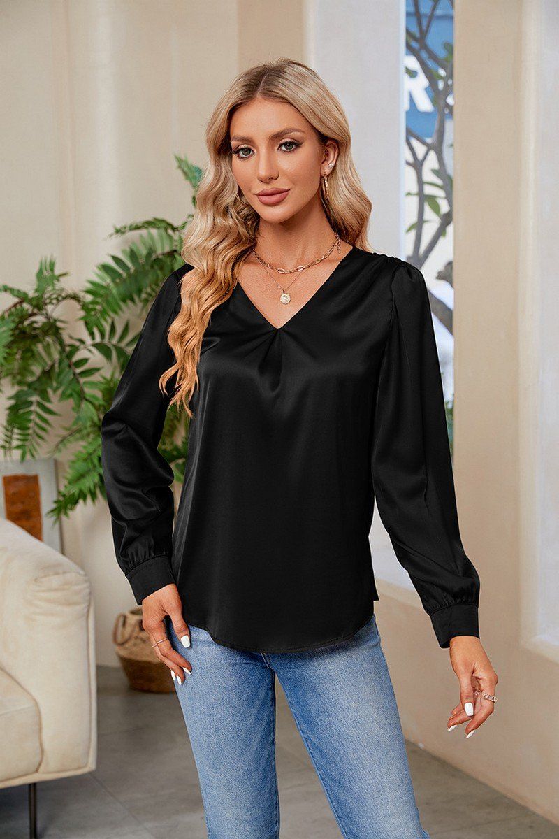 WOMEN V NECK FITTED CUFF GLOSSY BLOUSE TOP