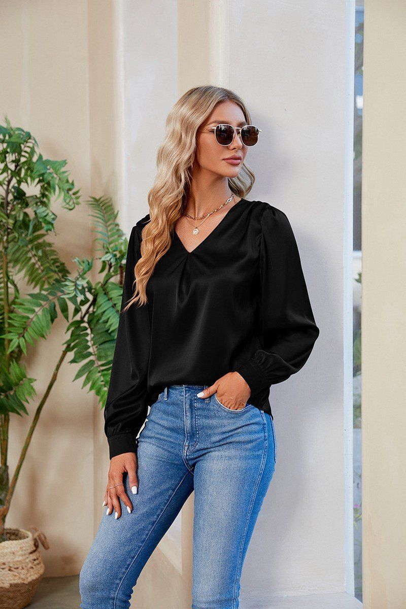 WOMEN V NECK FITTED CUFF GLOSSY BLOUSE TOP