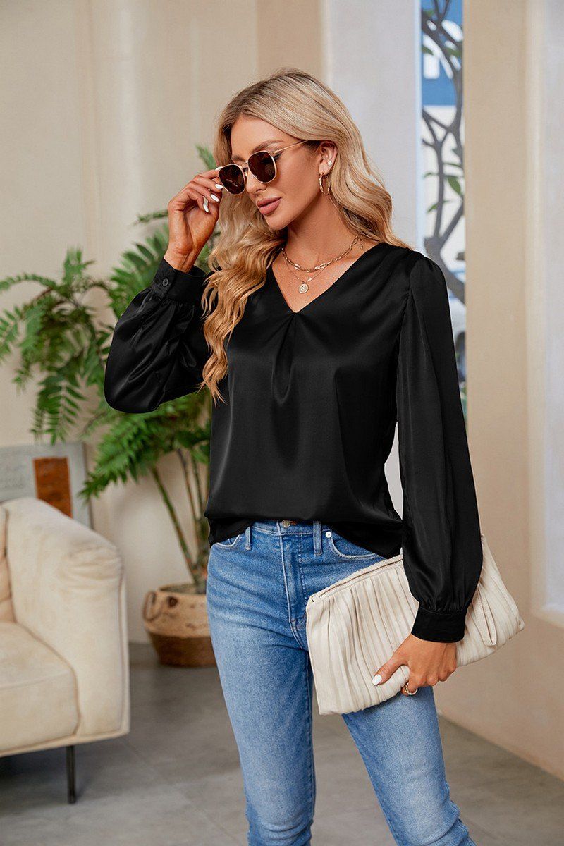 WOMEN V NECK FITTED CUFF GLOSSY BLOUSE TOP