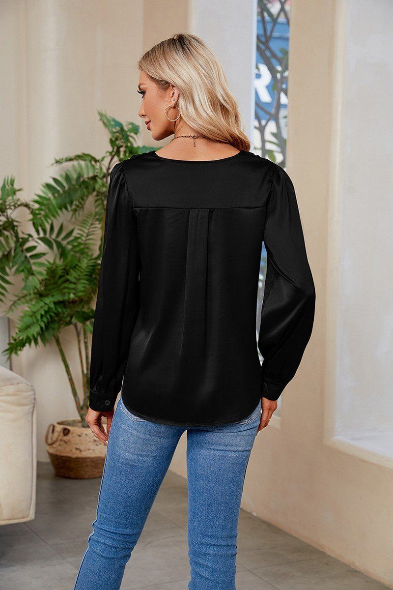 WOMEN V NECK FITTED CUFF GLOSSY BLOUSE TOP