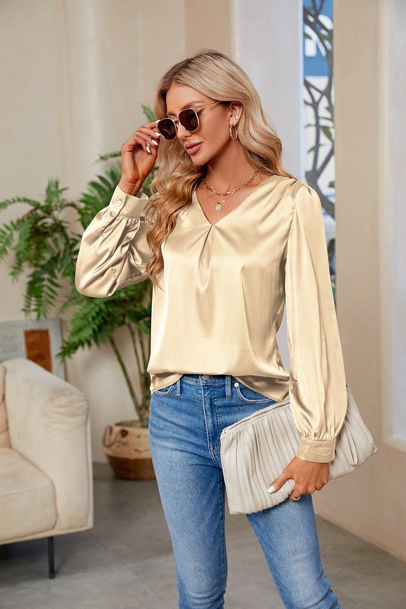 WOMEN V NECK FITTED CUFF GLOSSY BLOUSE TOP