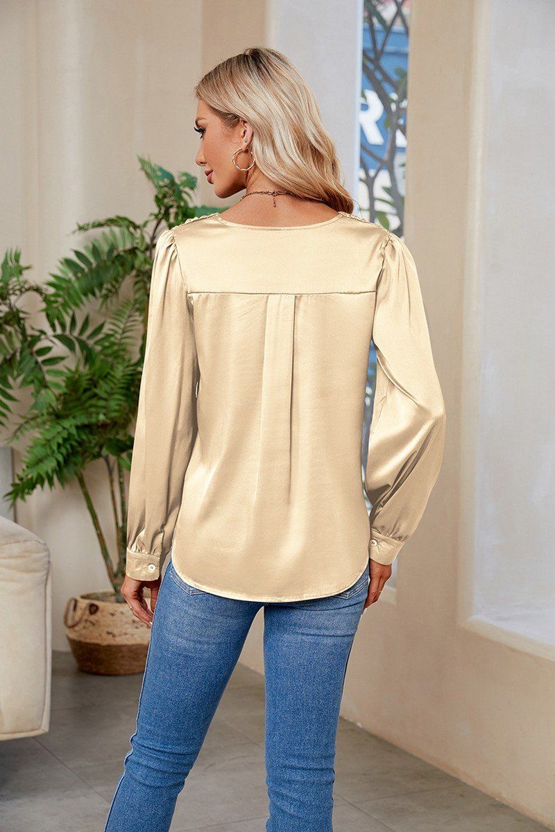 WOMEN V NECK FITTED CUFF GLOSSY BLOUSE TOP