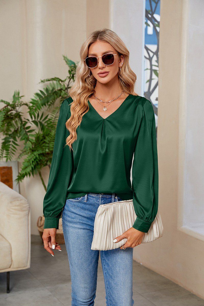 WOMEN V NECK FITTED CUFF GLOSSY BLOUSE TOP