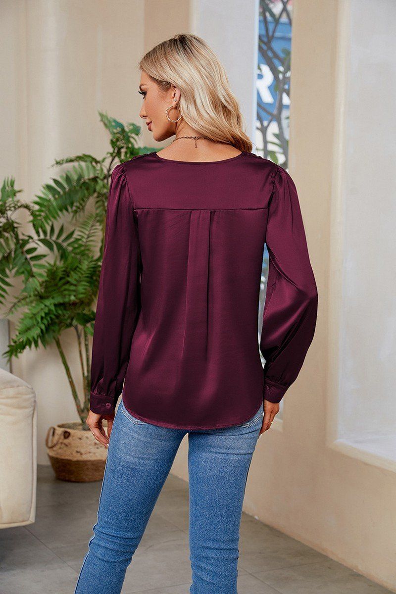 WOMEN V NECK FITTED CUFF GLOSSY BLOUSE TOP