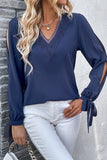 WOMEN GUIPURE LACE TRIM V NECK TIED CUFF BLOUSE