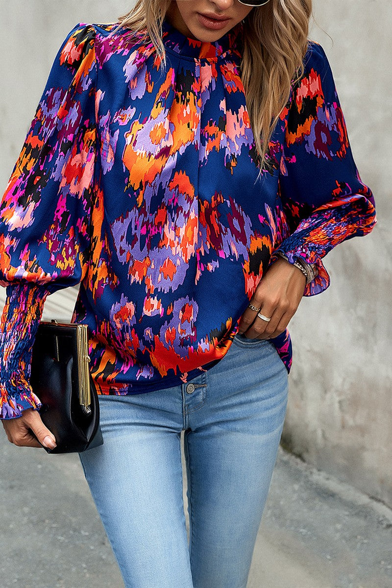 WOMEN FITTED SMOCK CUFF MARBLE PRINTING BLOUSE