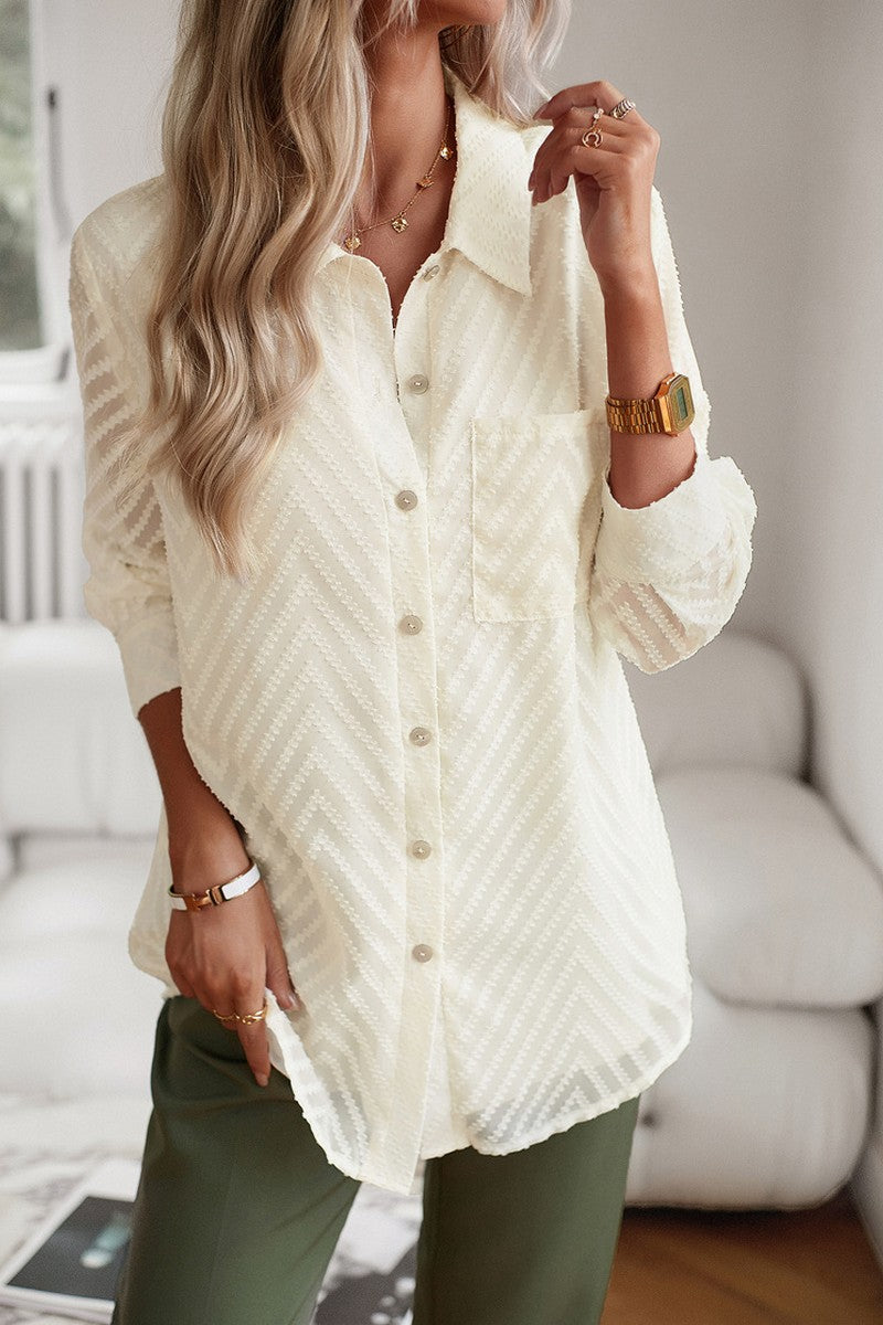 WOMEN LACE TRIM BUTTON UP BLOUSE WITH POCKET