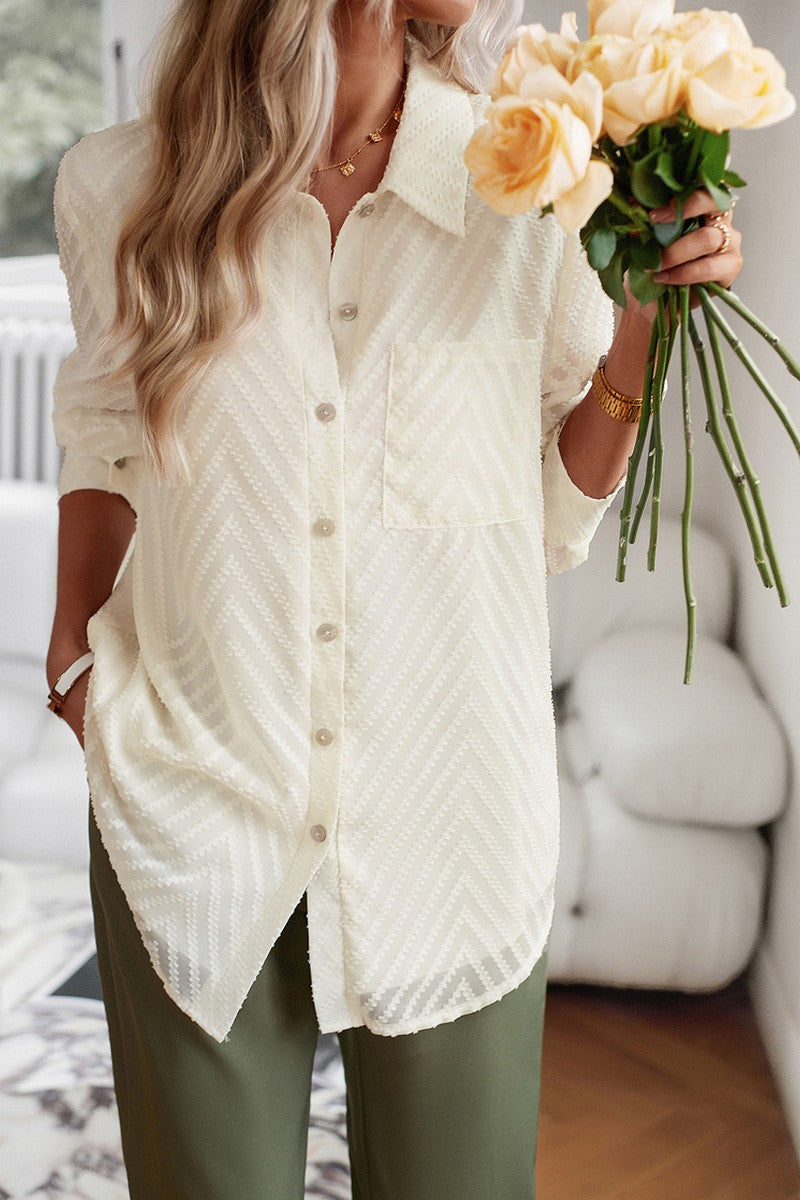 WOMEN LACE TRIM BUTTON UP BLOUSE WITH POCKET