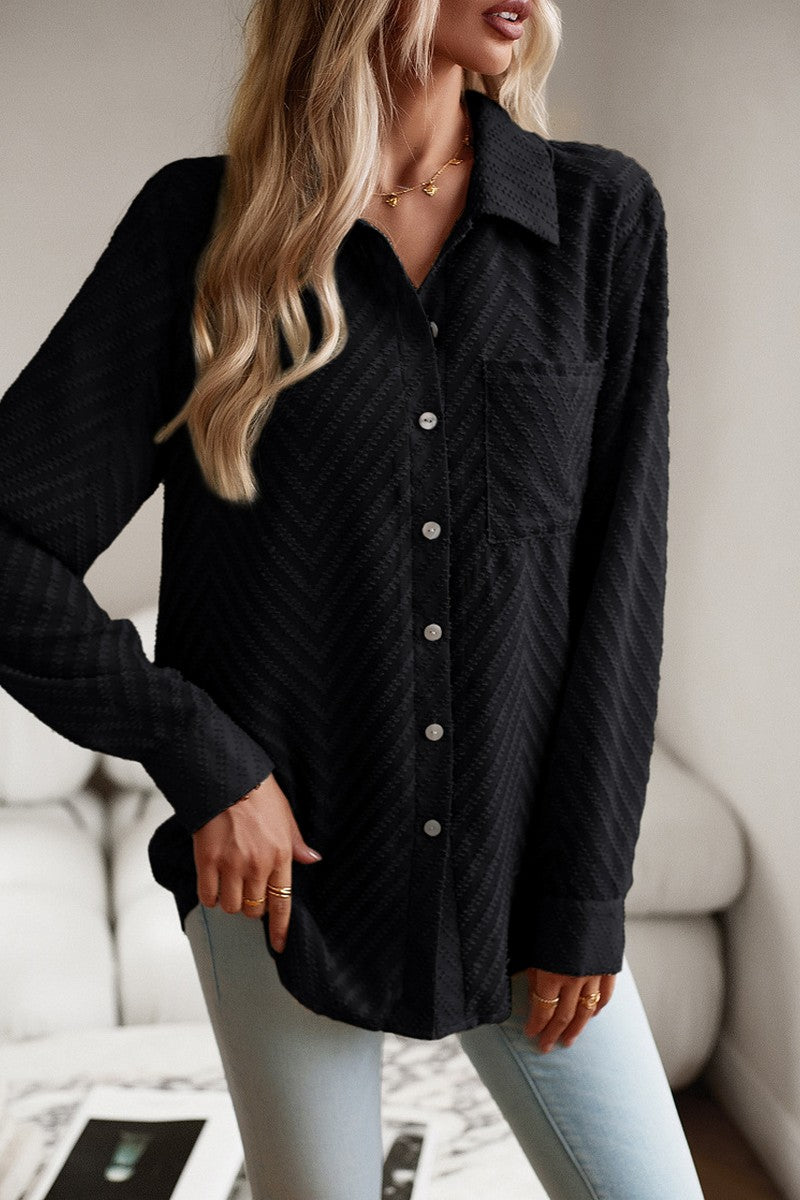 WOMEN LACE TRIM BUTTON UP BLOUSE WITH POCKET