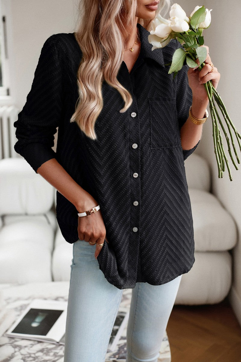 WOMEN LACE TRIM BUTTON UP BLOUSE WITH POCKET