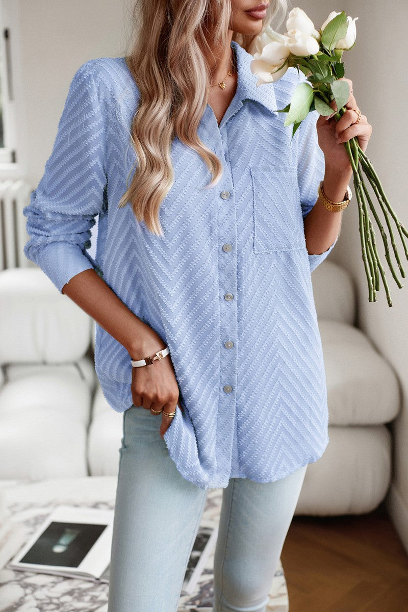 WOMEN LACE TRIM BUTTON UP BLOUSE WITH POCKET