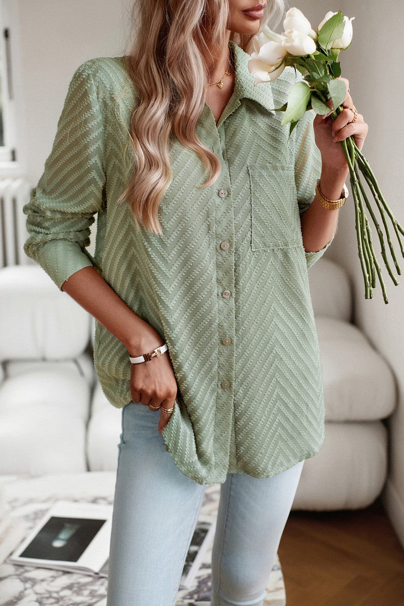 WOMEN LACE TRIM BUTTON UP BLOUSE WITH POCKET