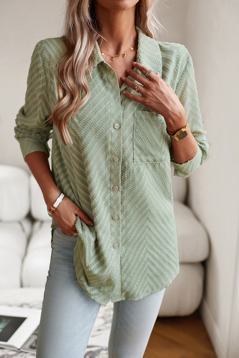 WOMEN LACE TRIM BUTTON UP BLOUSE WITH POCKET