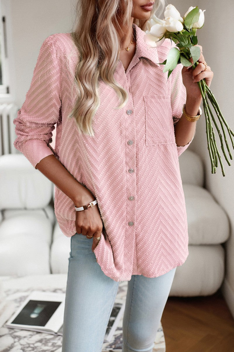 WOMEN LACE TRIM BUTTON UP BLOUSE WITH POCKET