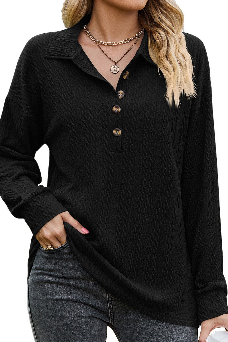 WOMEN COLLARED HENLEY NECK LONG SLEEVE CASUAL TOP