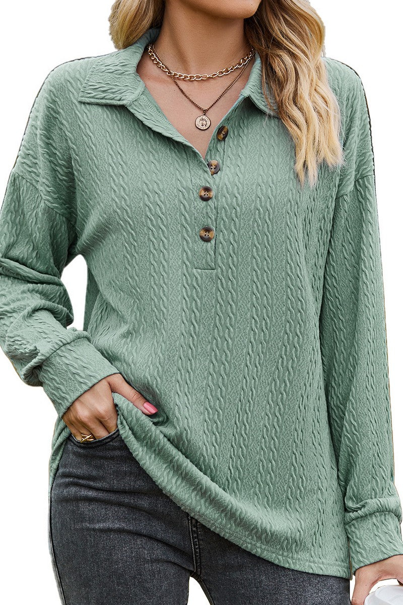 WOMEN COLLARED HENLEY NECK LONG SLEEVE CASUAL TOP