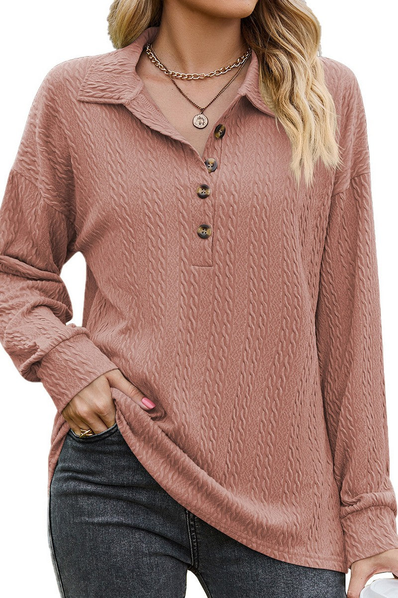 WOMEN COLLARED HENLEY NECK LONG SLEEVE CASUAL TOP