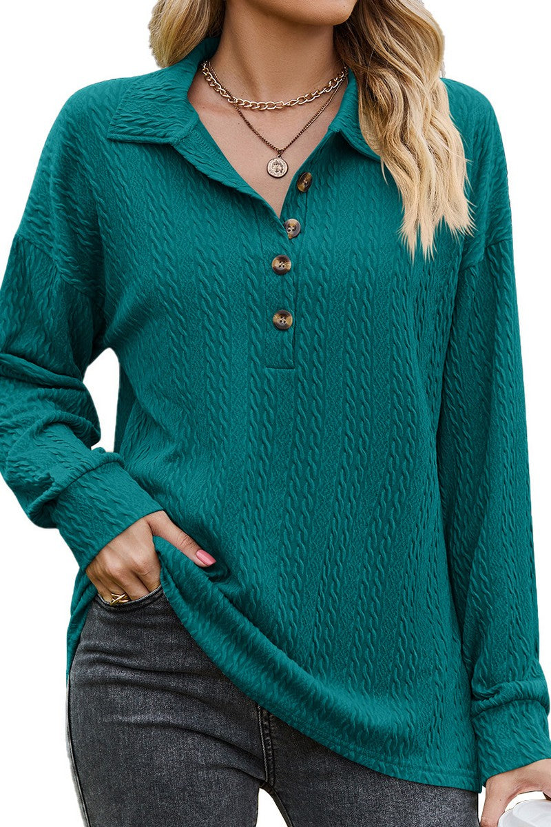 WOMEN COLLARED HENLEY NECK LONG SLEEVE CASUAL TOP