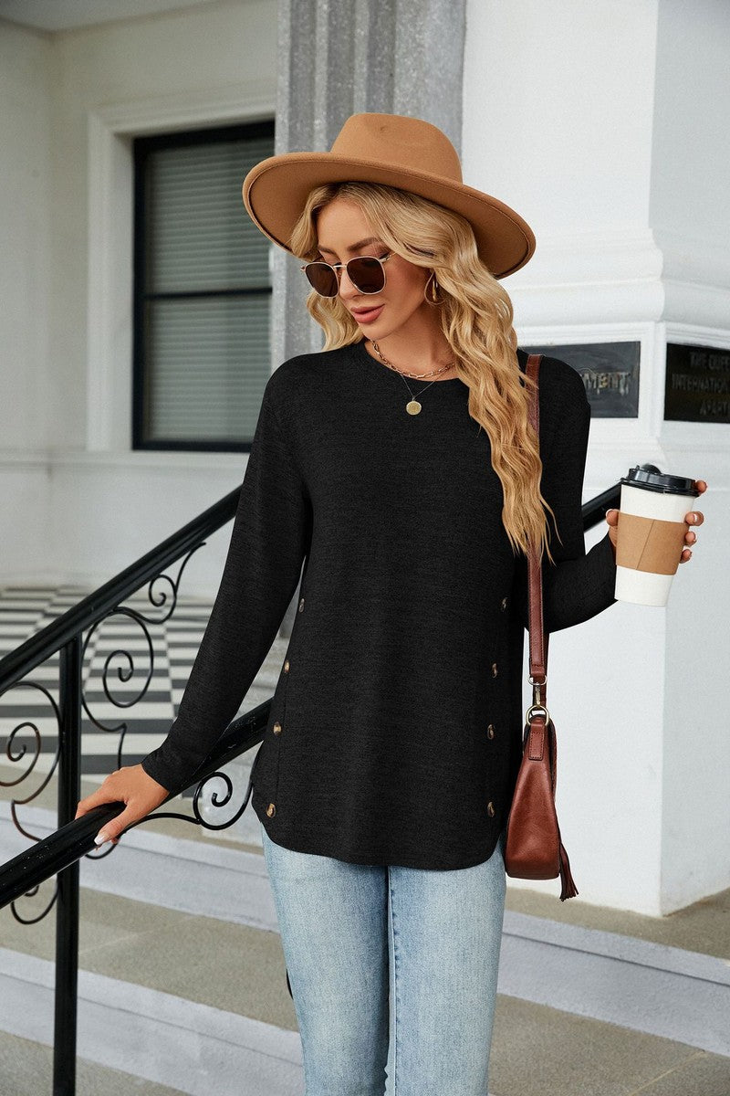 WOMEN LONG SLEEVE SIDE BUTTONED T SHIRT