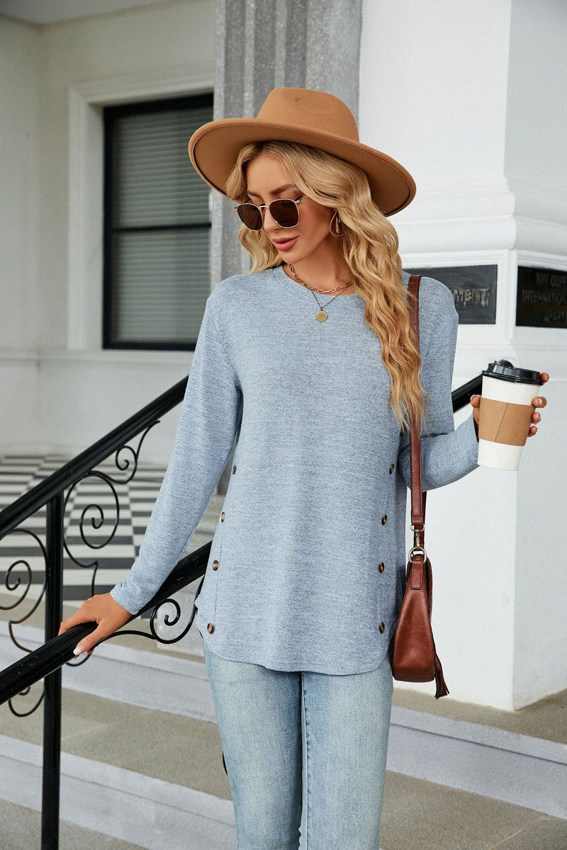 WOMEN LONG SLEEVE SIDE BUTTONED T SHIRT