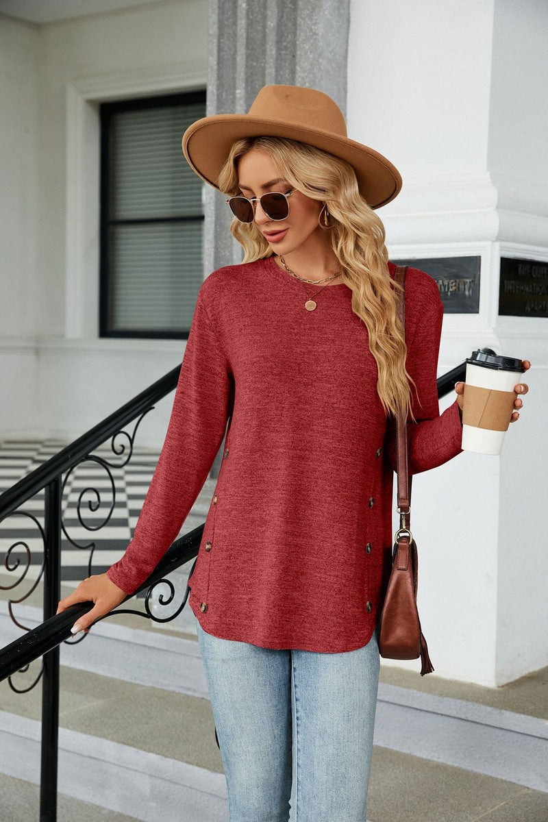 WOMEN LONG SLEEVE SIDE BUTTONED T SHIRT