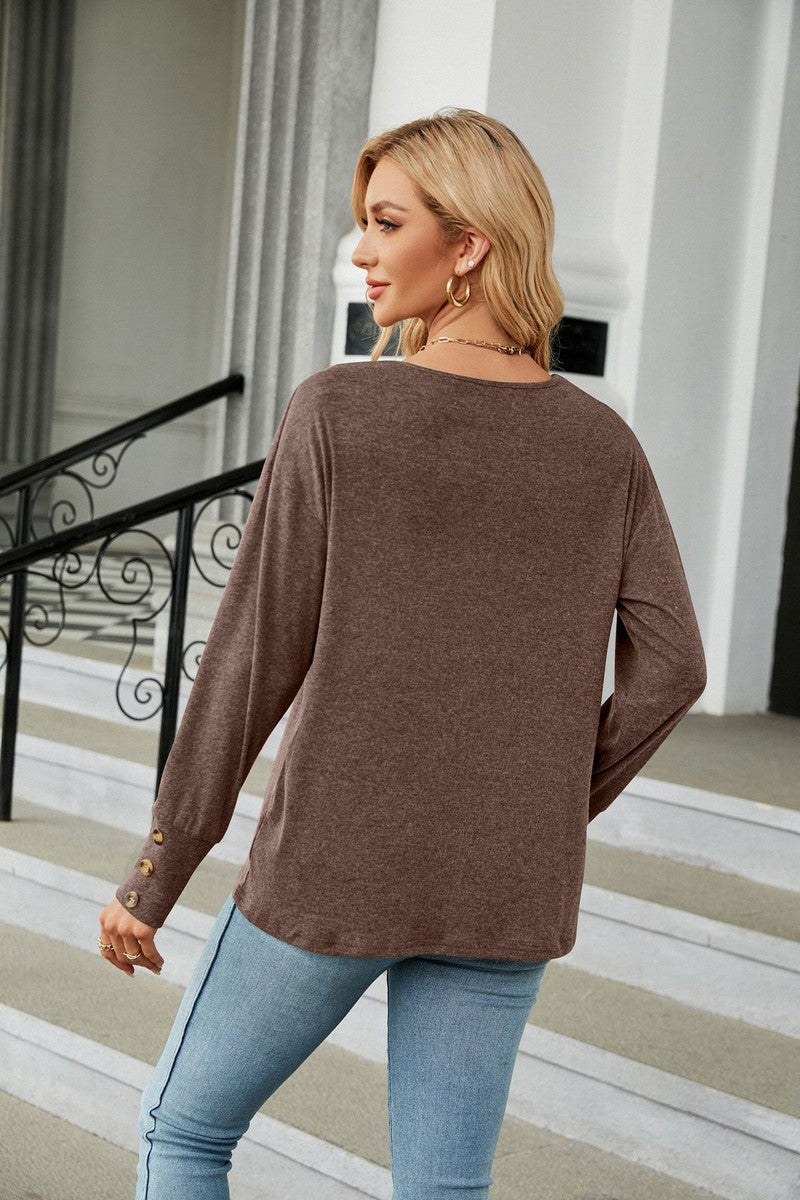 WOMEN V NECK LONG SLEEVE BUTTON CUFF BASIC TOP