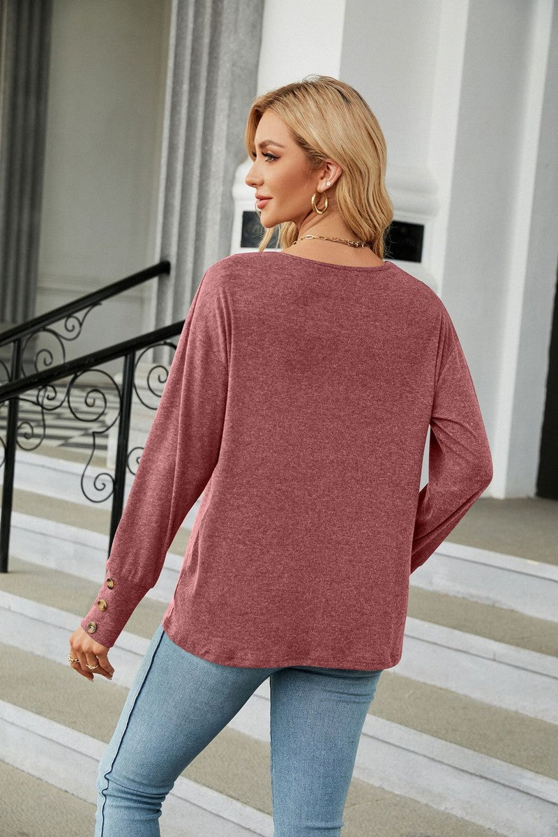 WOMEN V NECK LONG SLEEVE BUTTON CUFF BASIC TOP