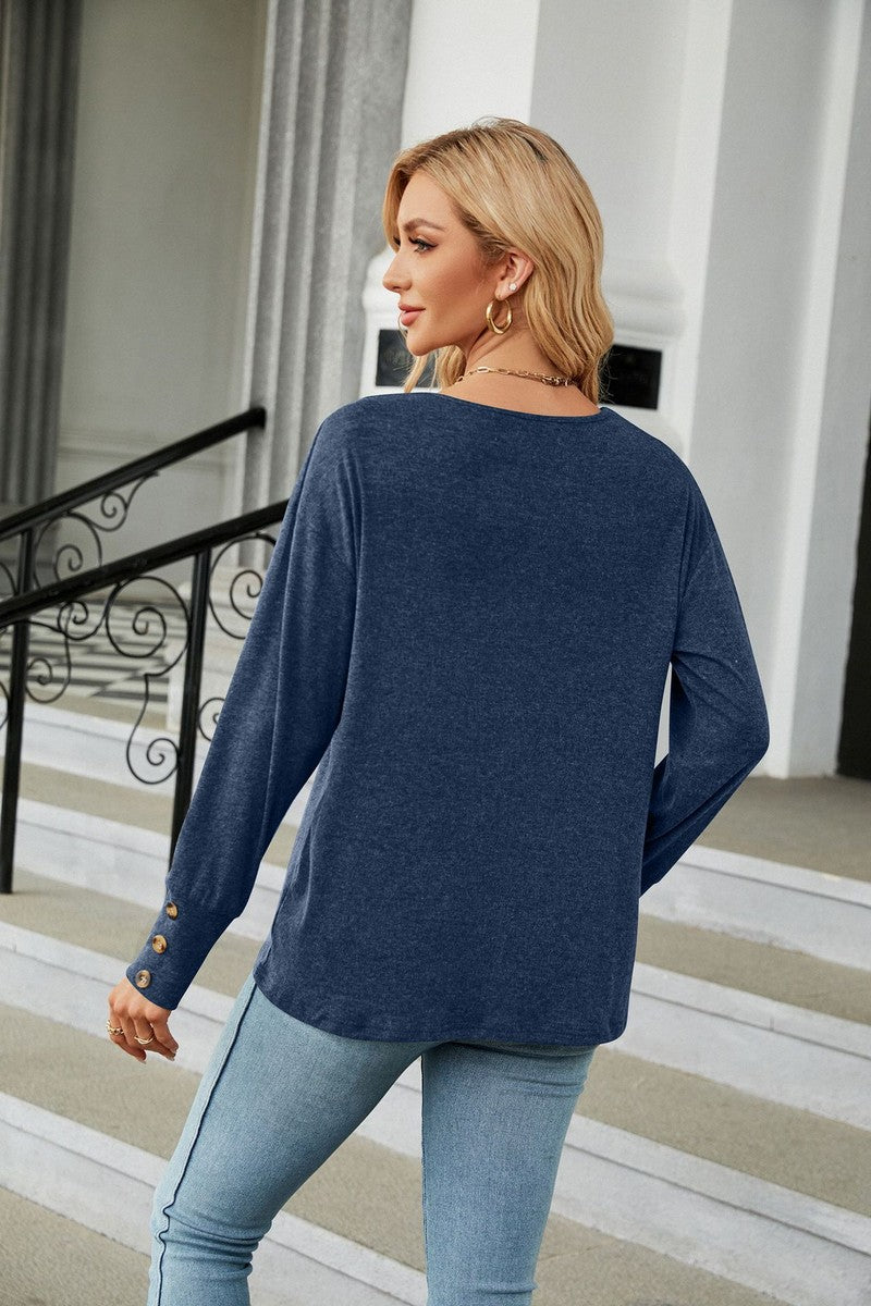 WOMEN V NECK LONG SLEEVE BUTTON CUFF BASIC TOP