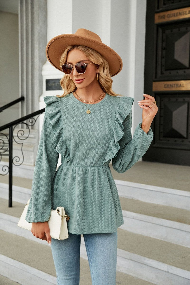 WOMEN LONG SLEEVE FRILL DETAILED TUNIC TOP