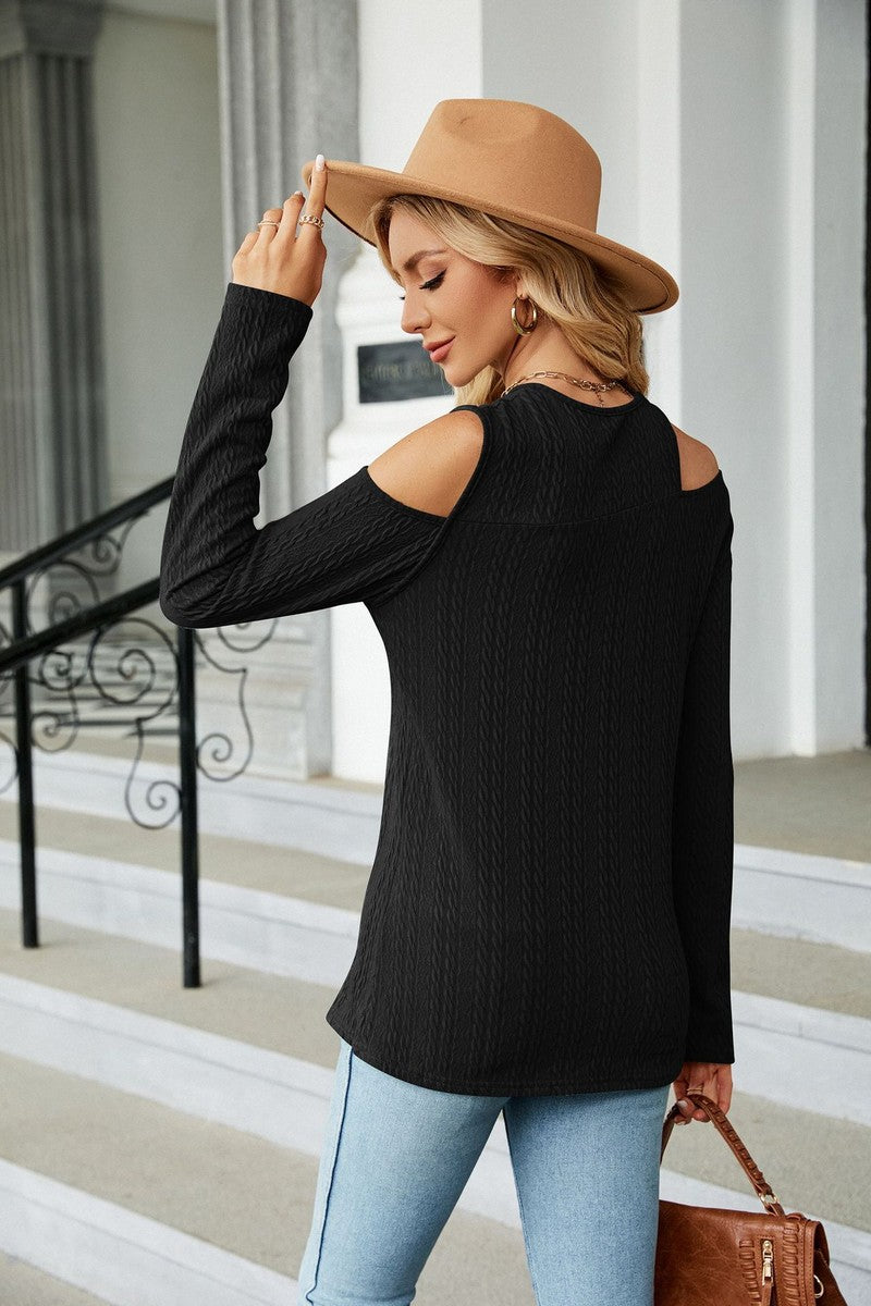 WOMEN LONG SLEEVE CUT OUT SHOULDER CASUAL TEE