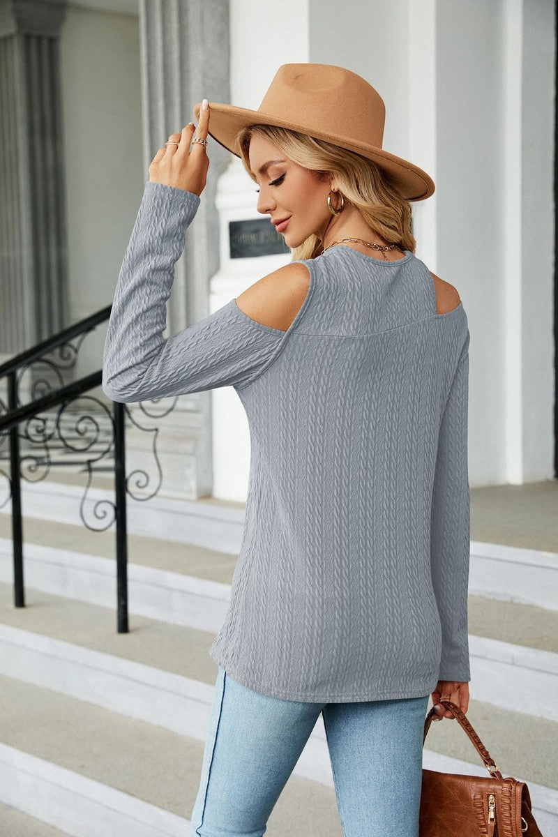 WOMEN LONG SLEEVE CUT OUT SHOULDER CASUAL TEE