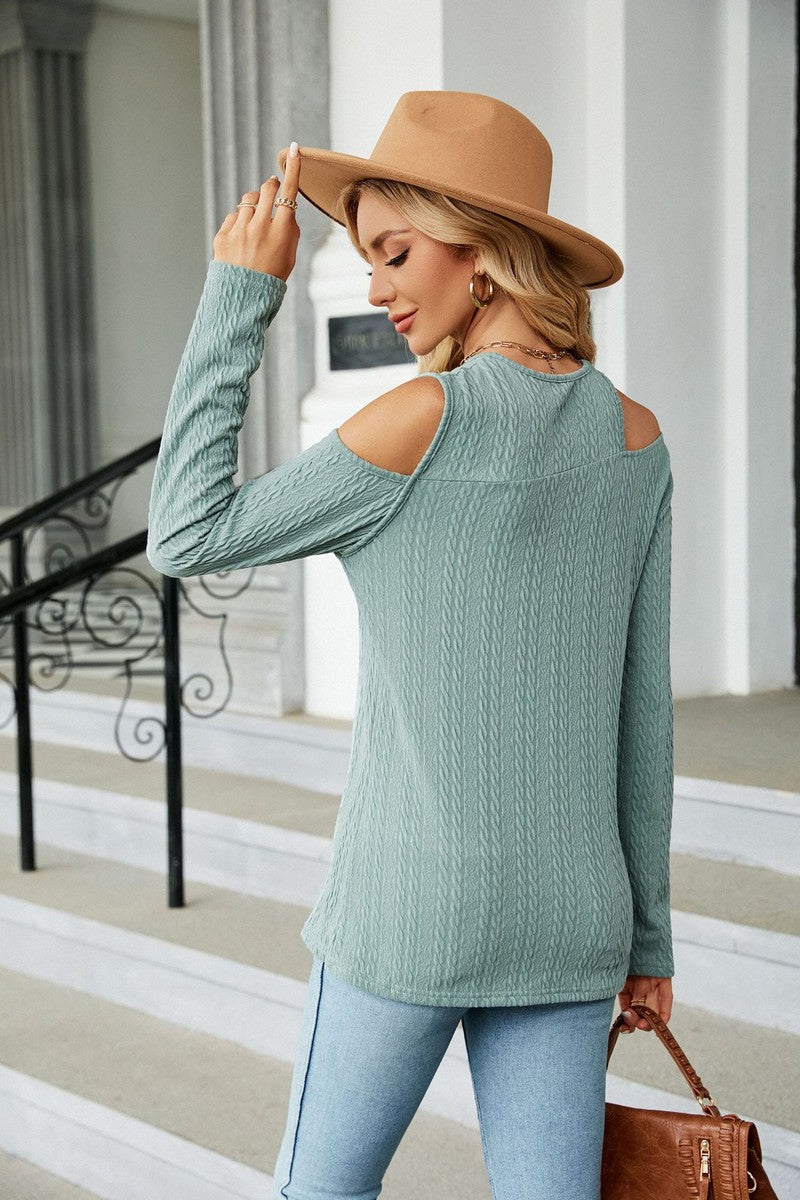 WOMEN LONG SLEEVE CUT OUT SHOULDER CASUAL TEE