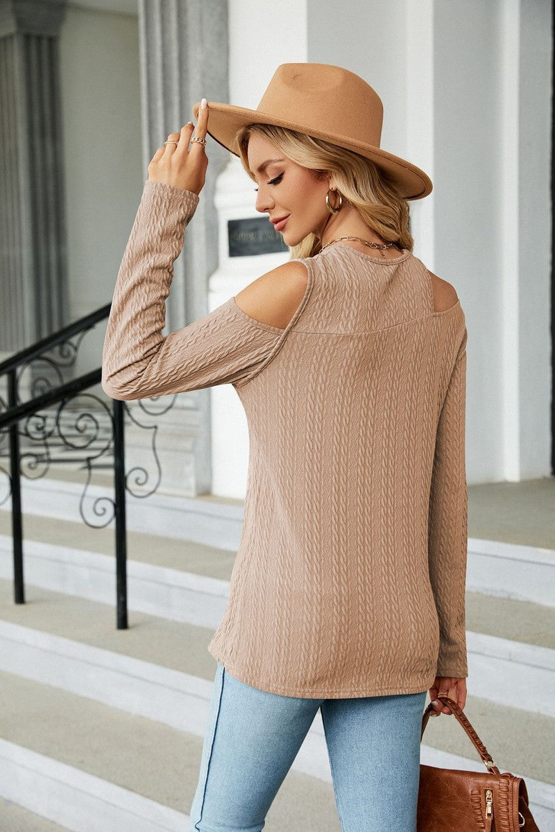 WOMEN LONG SLEEVE CUT OUT SHOULDER CASUAL TEE