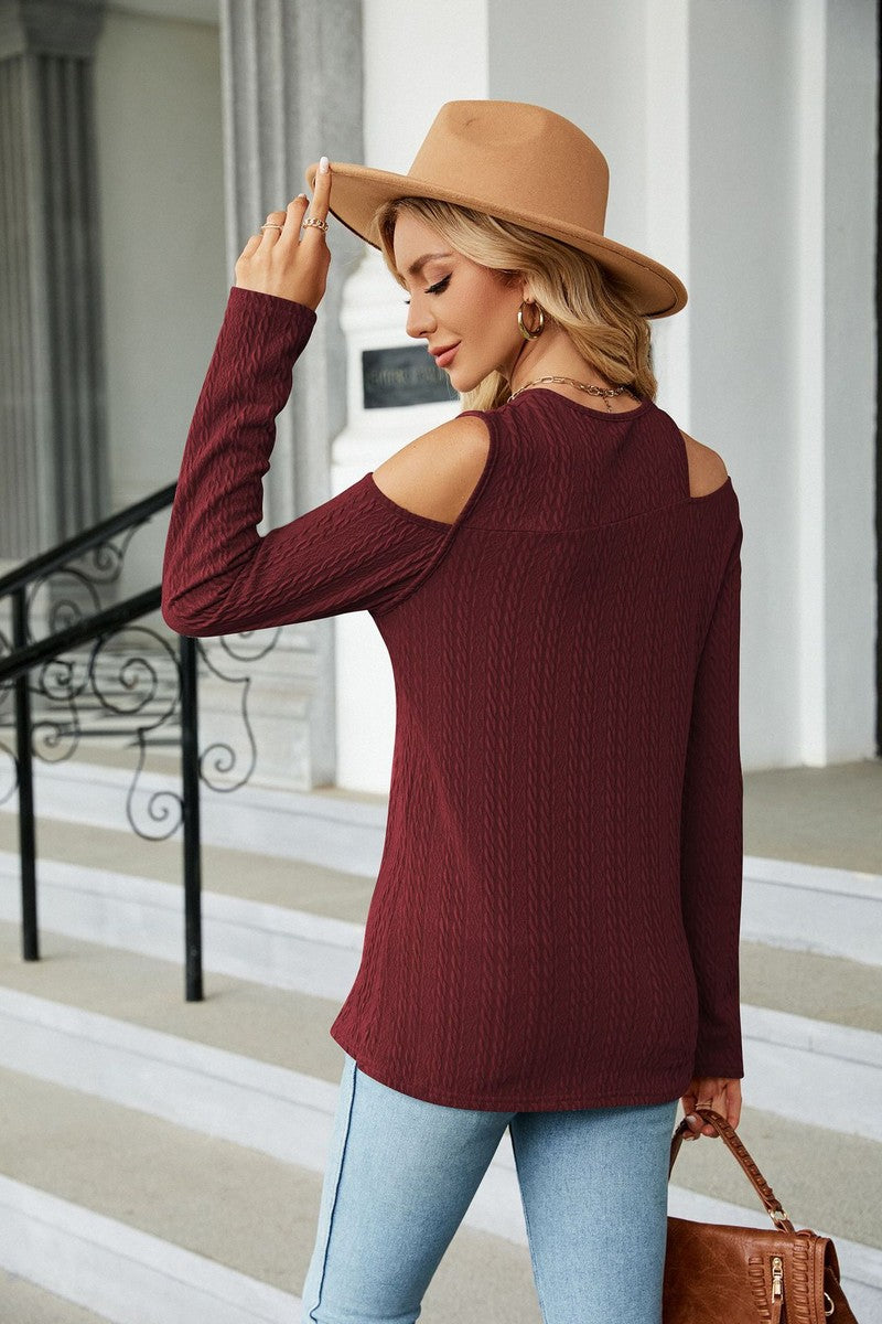 WOMEN LONG SLEEVE CUT OUT SHOULDER CASUAL TEE