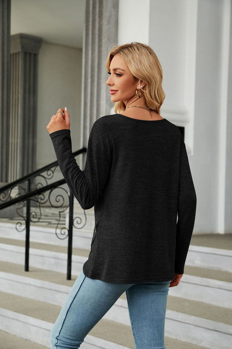 WOMEN ROUND NECK BUTTON DETAILED LONG SLEEVE TEE