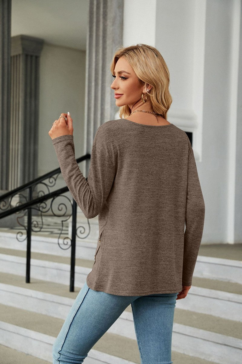 WOMEN ROUND NECK BUTTON DETAILED LONG SLEEVE TEE