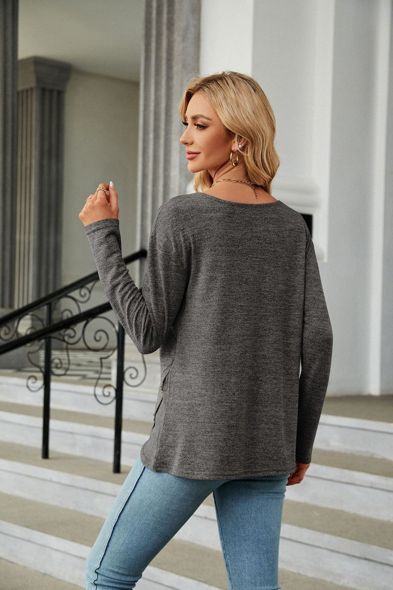 WOMEN ROUND NECK BUTTON DETAILED LONG SLEEVE TEE