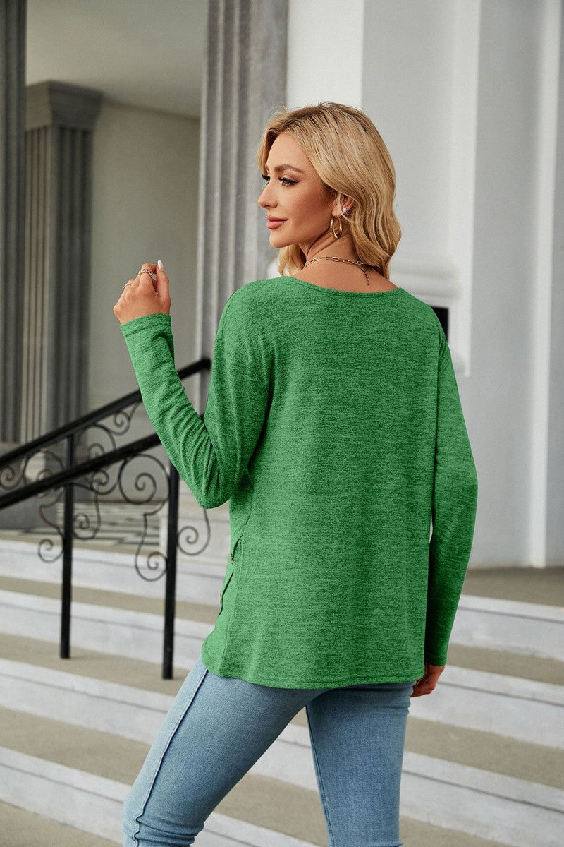 WOMEN ROUND NECK BUTTON DETAILED LONG SLEEVE TEE